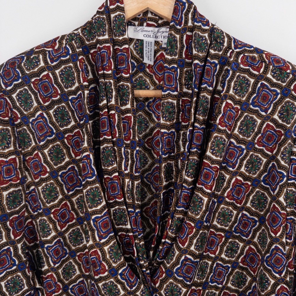 Vintage Draped Blouse 16W Geometric Jewel Tone 90s 80s Retro Silky Art‎ Teacher - Picture 2 of 8